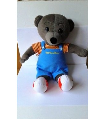 Peluche plush petit ours brun tenue salopette bleu