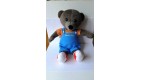 Peluche plush petit ours brun tenue salopette bleu