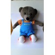 Peluche plush petit ours brun tenue salopette bleu